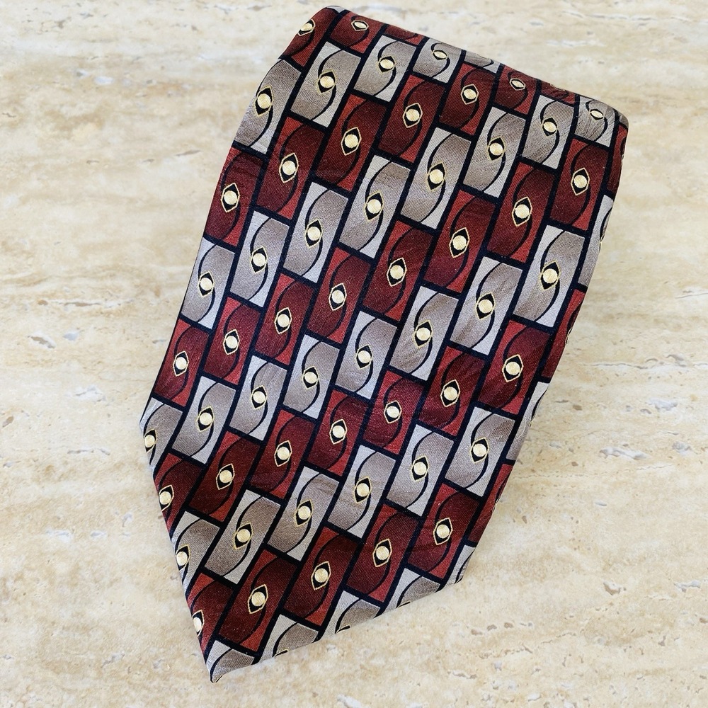 KILBURNE AND FINCH Silk Necktie Mens 3.75" x 61" Brown Tan Gold Foulard Long